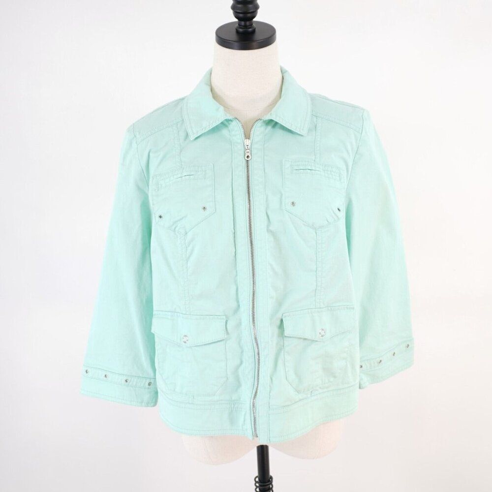 Chico's Size 1 Seafoam Green Full Zip Collared Jacket Waist Fitted Cotton Pocket